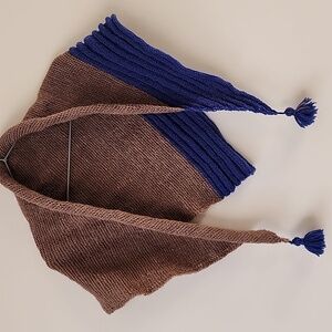 Brown and Blue Knit Scarf Shawl with Tassels